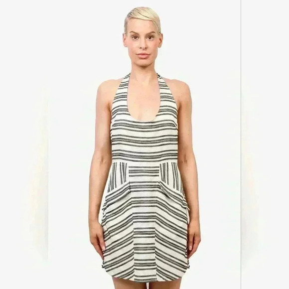 A.L.C White/Black Striped Halter Neck Front Pocket Mini Dress Size 4 - Picture 5 of 14